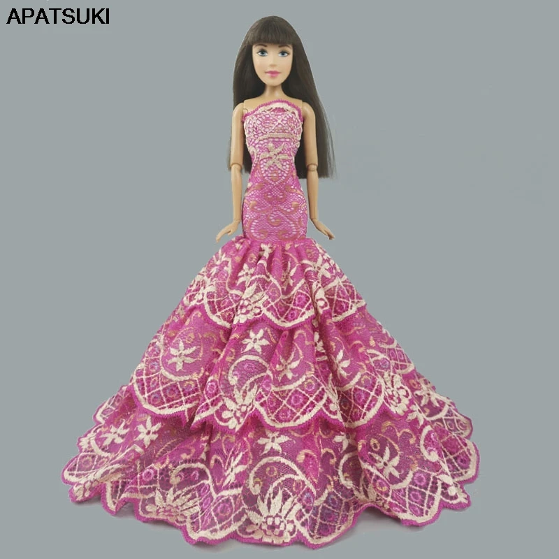 Pink Elegant Party Gown Dress Outfits for Barbie Doll Clothes 1/6 BJD Lace Fishtail Costume DIY Kids Toy |