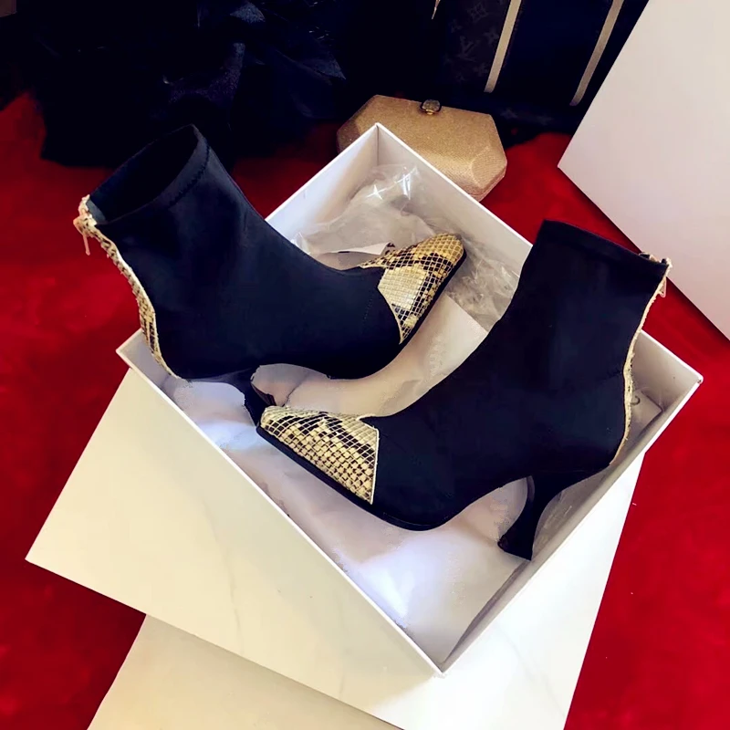 

Sexy Snake skin Patchwork Women Ankle Boots Square Toe High Heel Women Chelsea Boots Brand Party Dress Pumps zapatos de mujer 41