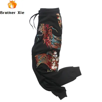 

Spring Autumn Black Cotton Pants for Women Men's Originally Chinese Embroidered Pants Yokosuka Sportpants Lose Trousers