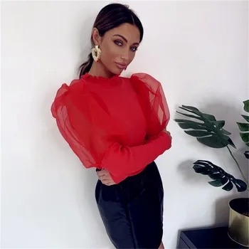 

Womens Tops and Blouses See Through Sheer Mesh Long Sleeve OL Shirt Elegant Ladies Evening Part Club Dames Classic Streetwear