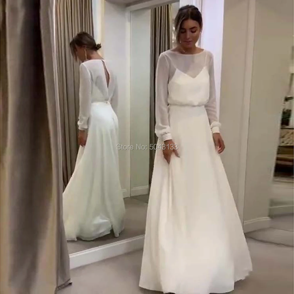 

Bohemian Wedding Dresses with Long Sleeves A Line Open Back Modest Chiffon Plus Size Vestido De Novia High Quality Bridal Gowns
