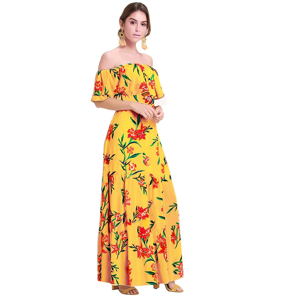 

Boho Dress Yellow Robe Longue Femme Off Shoulder Backless Evening Dresses Woman Party Night High Quality New Arrival 2020