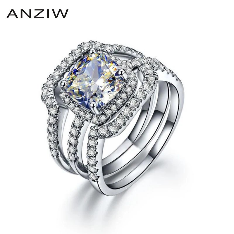 Anziw Luxury Bridal Wedding Ring Set 925 Solid Sterling Silver 3 Carat