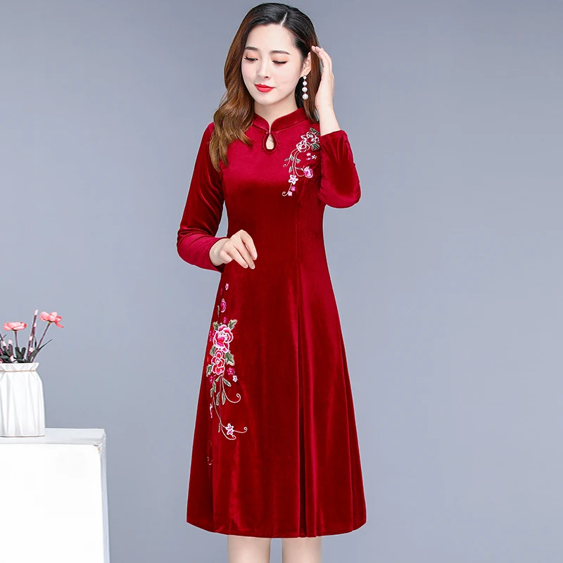 Вечернее платье элегантные женские новые золотые бархатные cheongsam ретро платье вышитые большие размеры вечернее платье