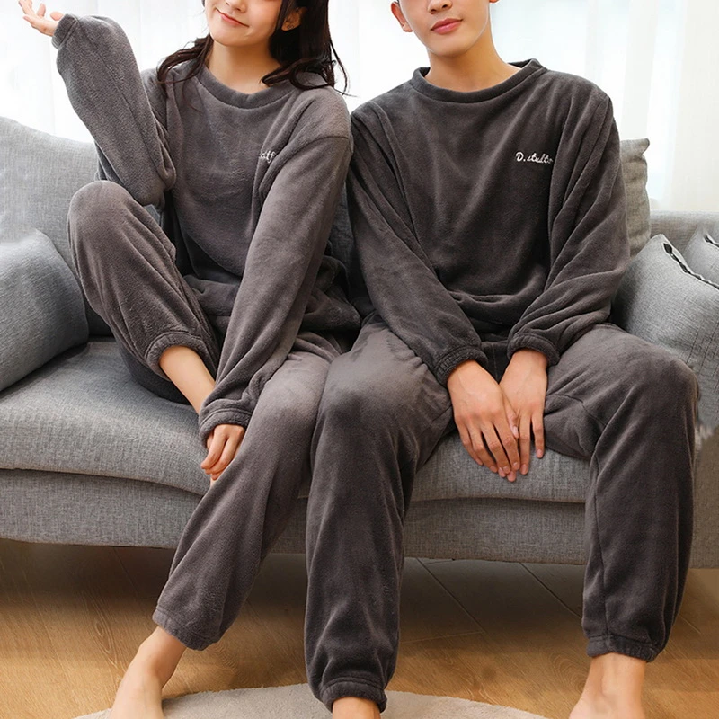 2021 New Home Pajamas For Couples Set Thick Warm Coral Fleece Homewear Winter Lounge Soft Loose Pajamas Women Home Clothes Suits white cotton pyjamas