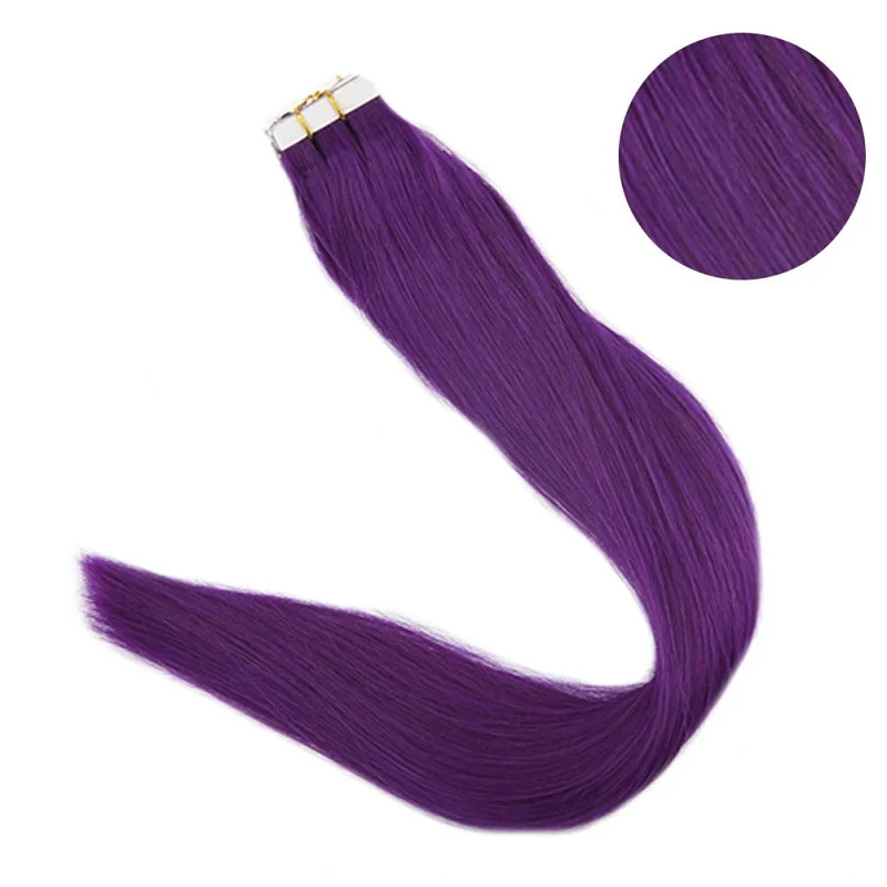Purple Полная Блестящая лента, человеческие волосы, сплошной цвет, клей на волосах, бесшовное наращивание, 25 грамм, лента на волосах, машина для производства remy - Цвет: Purple