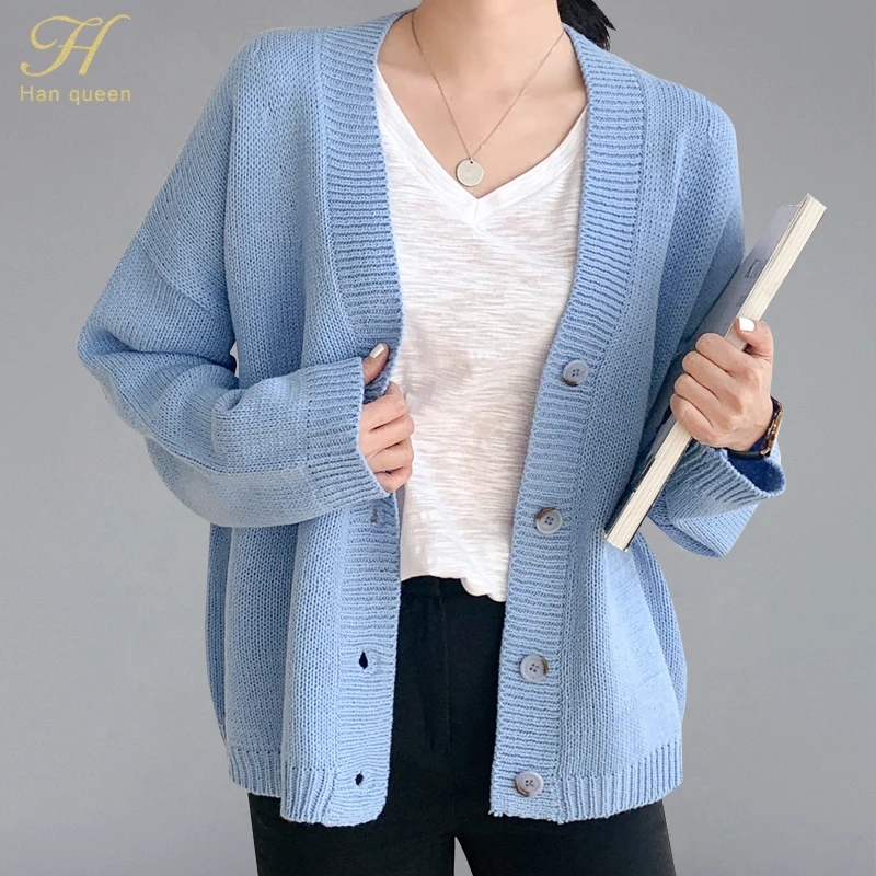

H Han Queen Korean Style Single-breasted Cardigan Sweaters Women 2019 Autumn Winter Loose Outwear Tops Casual Sweater Cardigans