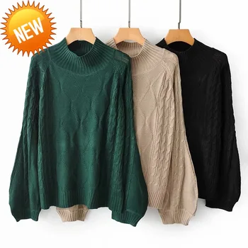 

turtleneck sweater solid loose pullovers knitted women long lantern sleeve casual tops female autumn winter jumpers