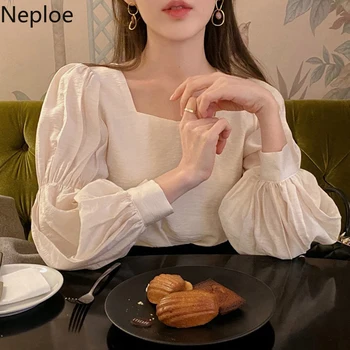 

Neploe Pleated Blouse Women Solid Square Collar Puff Sleeve Ladies Blusa Shirts Spring 2020 Fashion Casual Female Tops 1B275
