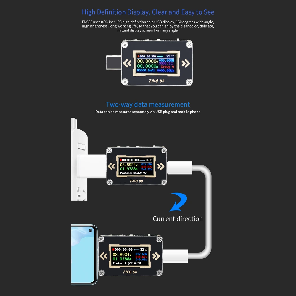 FNC88 тип-c PD триггер USB-C Вольтметр Амперметр Напряжение 2 способ измеритель тока мультиметр PD зарядное устройство батарея USB Тестер