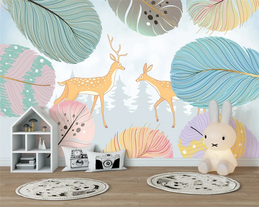 beibehang Customized modern 3d wallpaper minimalist feather elk children's room background papel de parede papier peint |