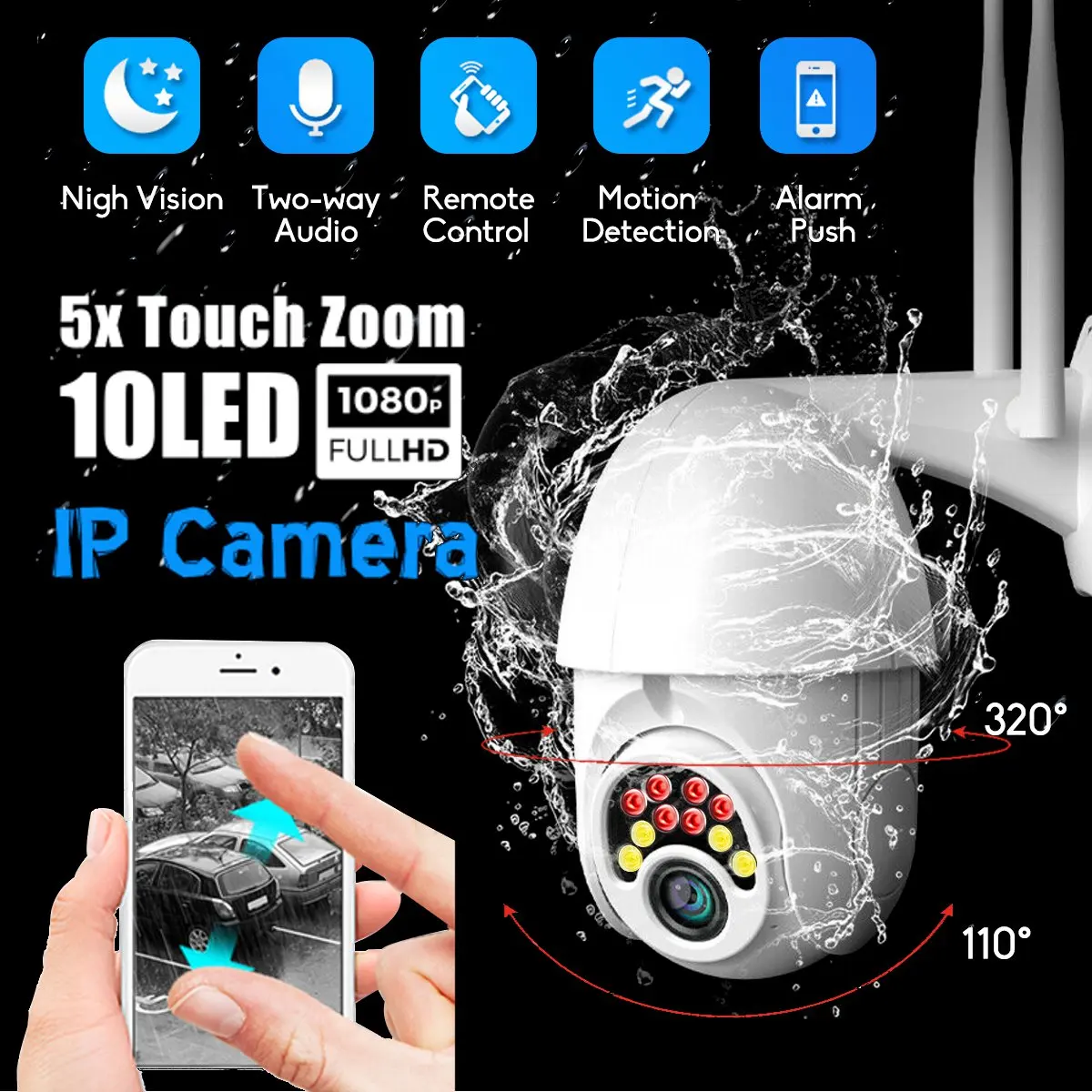 10LED 5X Zoom HD 2MP IP камера безопасности WiFi беспроводной 1080P Открытый PTZ IP66 водонепроницаемый ночного видения ONVIF наблюдения монитор