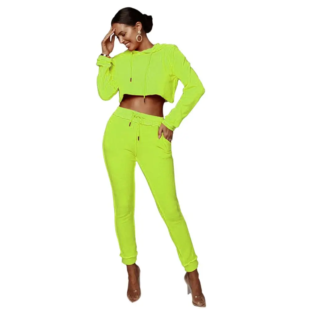 neon green Неоновый цвет, комплект из двух предметов, короткий топ с длинными рукавами и штаны, женские повседневные Твердые наряды, женские комплекты одежды Conjunto Femenino - Цвет: neon green