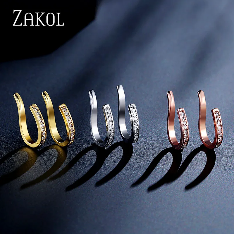 Новинка простые серьги клипсы ZAKOL с фианитами и микрозакрепкой без проколов для