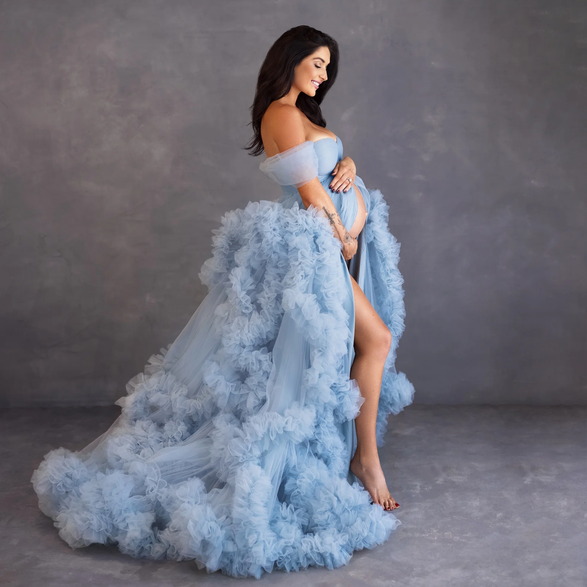 Light Sky Blue Prom Dresses for Pregnant Women Tiered Ruffles Evening Dress Front Split Photoshoot Maternity Gowns