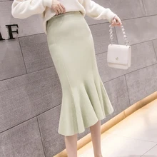 Новинка, женская трикотажная юбка с высокой талией, облегающая пряжа, облегающая бедра, длинные юбки, коричневые, серые, черные, фруктовые, зеленые, абрикосовые, 8921