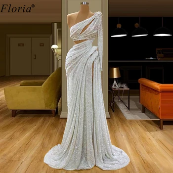 

Newest White Dubai Evening Dresses Long One Shoulder Mermaid Evening Gowns Muslim Robe De Soiree Formal Woman Party Gowns Custom
