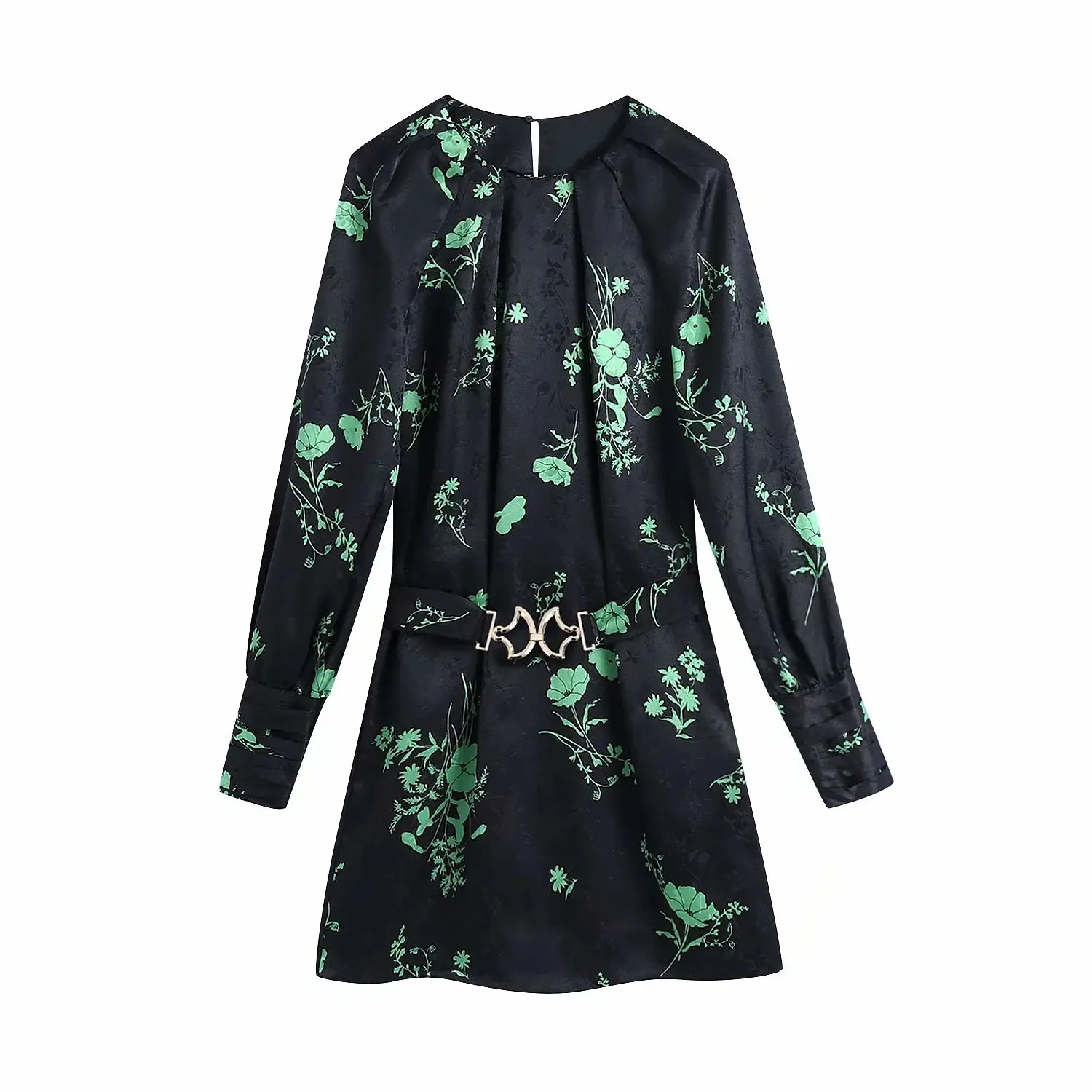 

New Pop Women Vintage Printed Jacquared Dress Long Sleeves Belted Short Dress Elegant Chic Lady Vogue Woman Dresses
