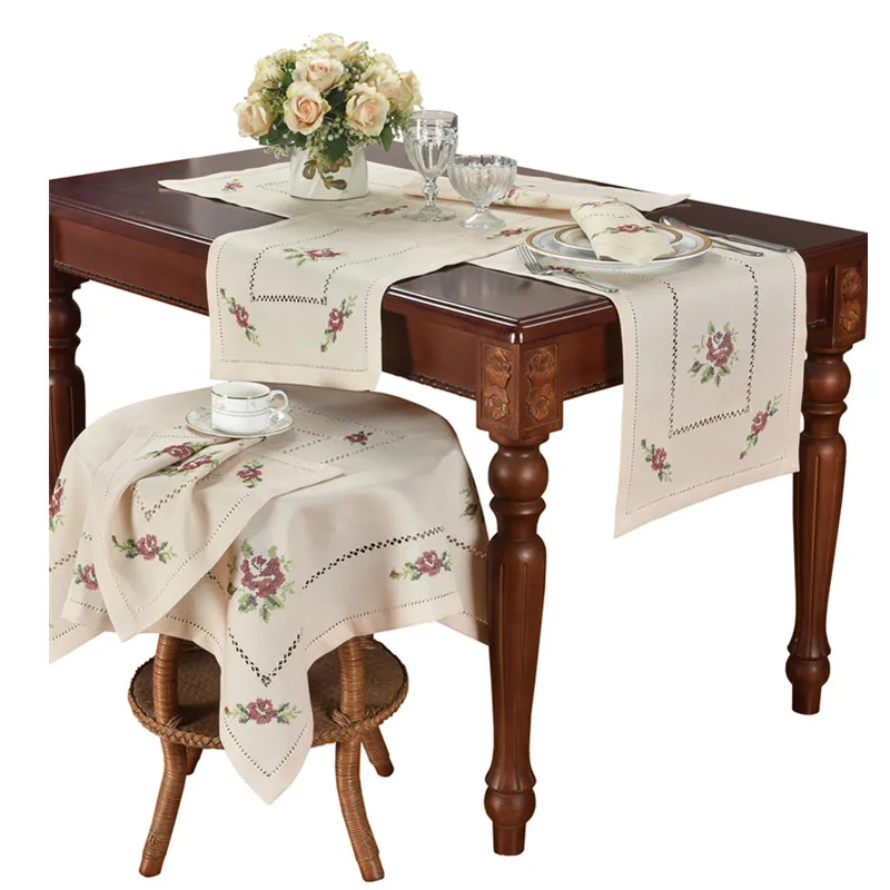 

[Camellia Casa]Romantic Cross-stitch Rose Table Runner & Tablecloth,Linen Look & Washable, White & Champagne Home Airbnb Hotel