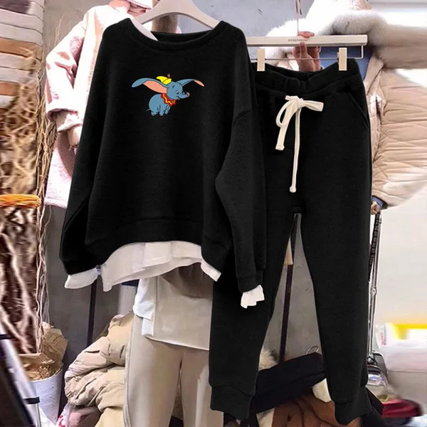 autumn and winter new fake two loose pullover shirt cover thin black sports and leisure suit large size women's clothing - Color: 1901