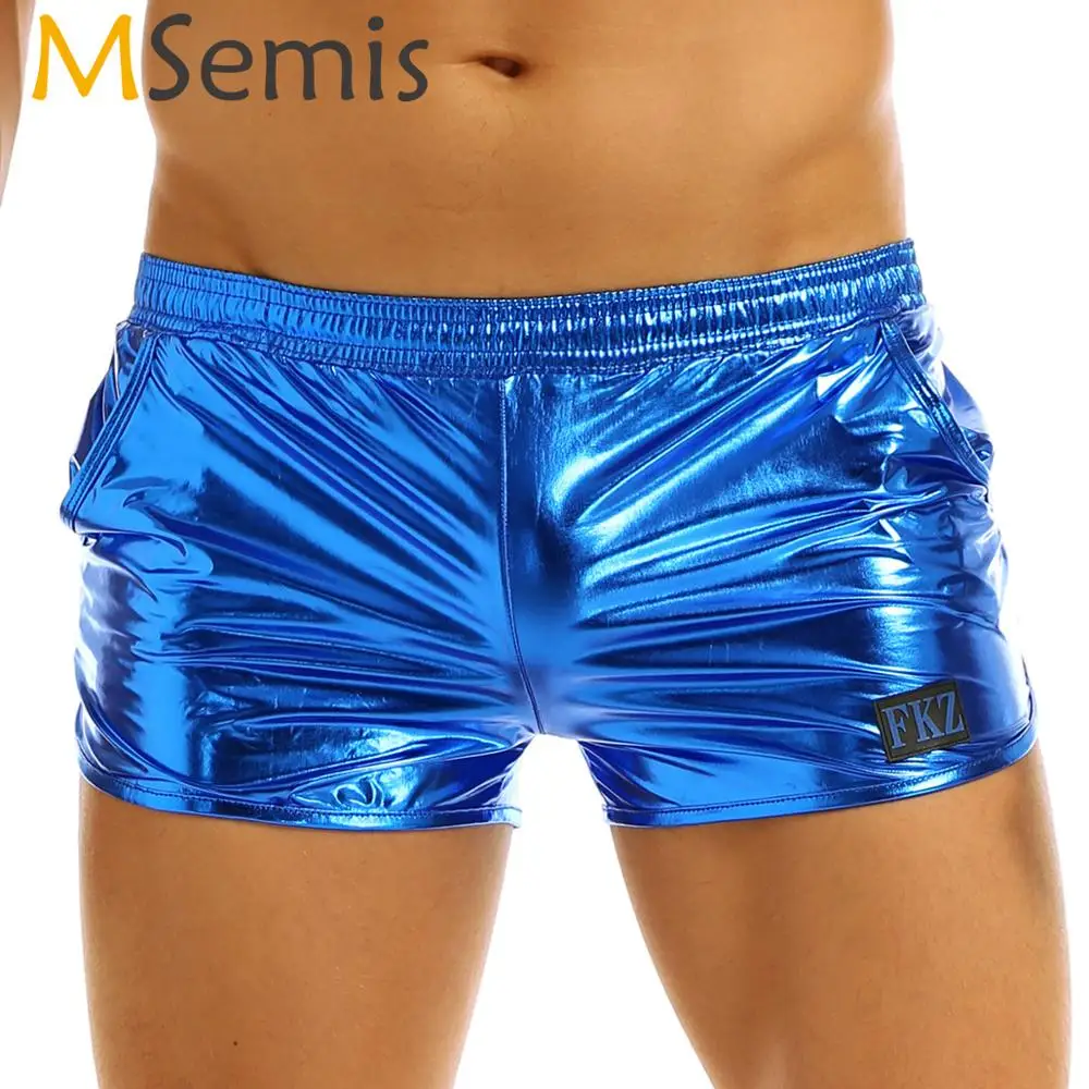 Mens Shiny Metallic Boxer Shorts Low Rise Stage Performance Rave Clubwear Costume Males Shorts Trunks Underpants Bottoms summer women black shiny patent leather open zipper crotch low rise latex shorts female clubwear rave sexy mini shorts