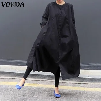 

VONDA Loose Dress 2020 Women Casual Buttons Long Sleeve Round Neck Dresses Plus Size Bohemian Vestidos Loose Robe S-5XL Sundress