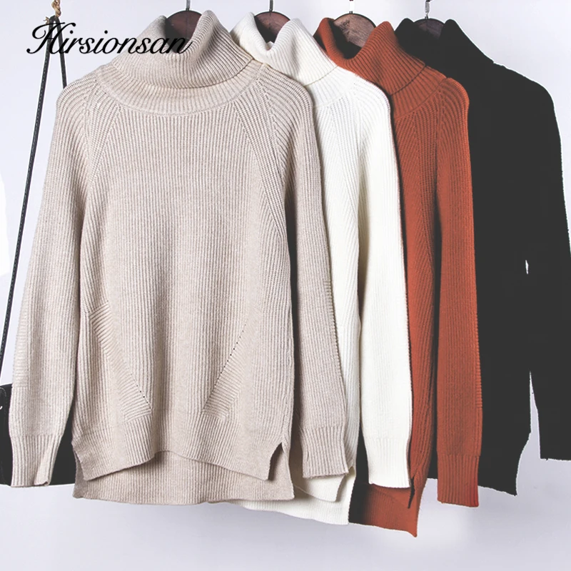 Hirsionsan Oversized Turtleneck Pullover Thicken Long Sleee Split Sweater Women Winter Solid Knitted Jumper Loose Chic Clothes | Женская