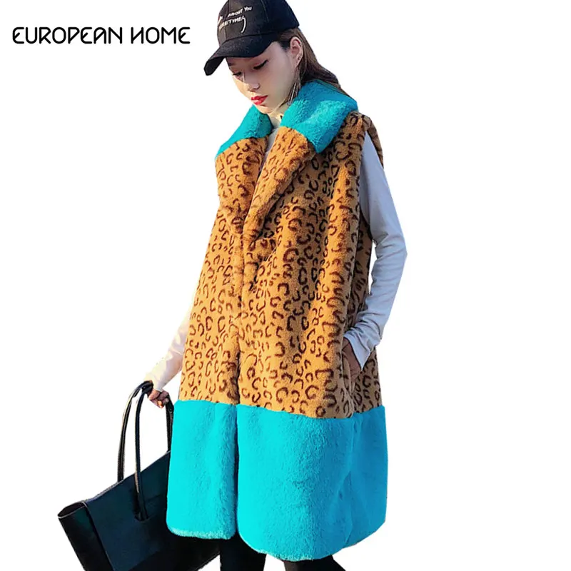 

2019 High Quality Winter Coat Womens Imitation Rabbit Fur Vest Casual Turn Down Collar Lepoard Pacthwork Fur Waistcoats 1060