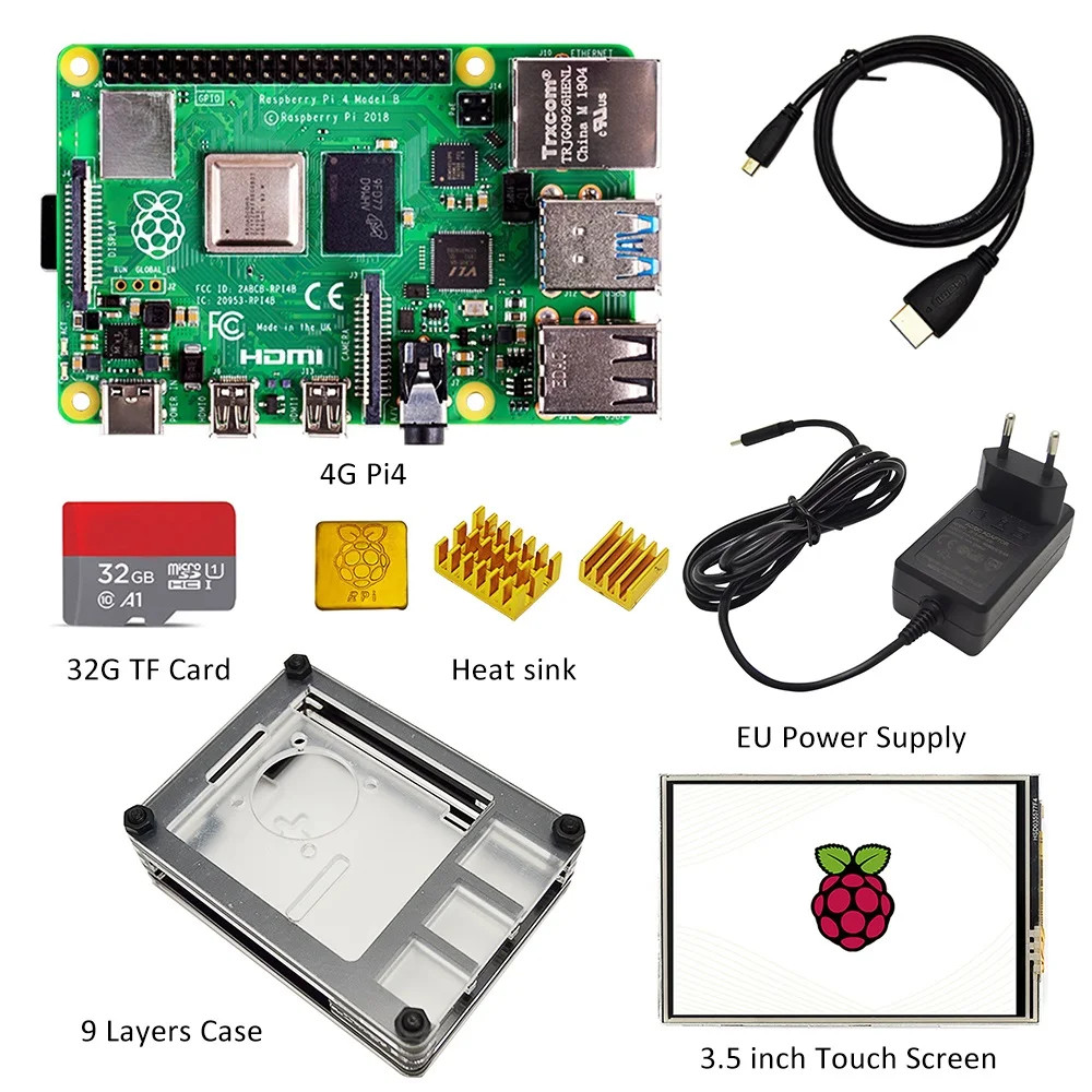 Raspberry pi 4 4 pantalla gb raspberry pi kit con pantalla pi 4 + disipador de calor + adaptador de corriente + + SD de 32GB + Pantalla de 3,5 pulgadas