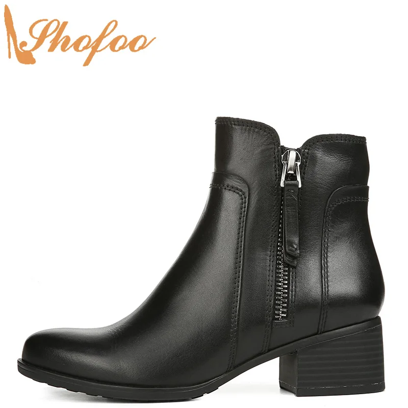 

Black Med Chunky Heels Ankle Boots Woman Round Toe Zipper Booties Large Size 13 15 Ladies Winter Fashion Mature Shoes Shofoo
