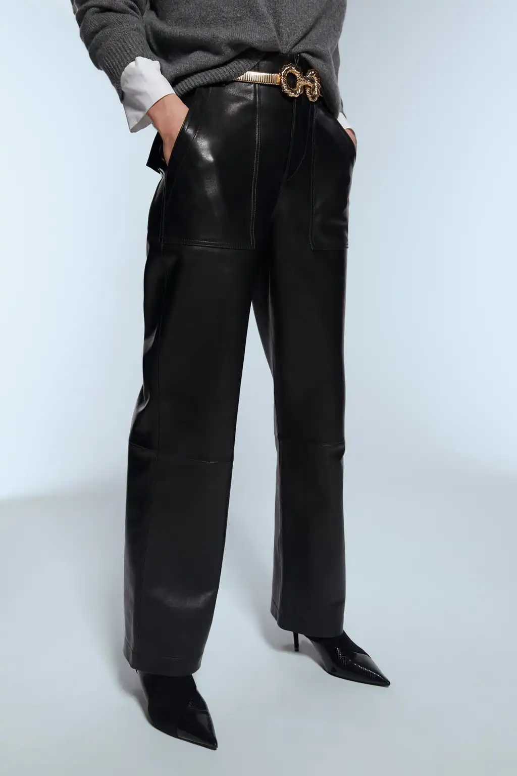 Мода Za женские повседневные однотонные штаны из искусственной кожи на молнии с карманами женские шикарные брюки женская одежда