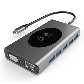 

13 in 1 USB HUB Type C to USB3.0 VGA RJ45 HDMI PD Audio3.5 TF 10W Wireless Charger Hub Adapter USB Splitter Docking Station