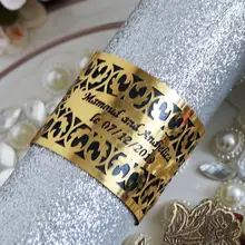 100 шт./лот, бесплатный логотип, надпись, кольцо для салфеток, для свадебной вечеринки, украшения, рукоделие, блестящий металлик, золотая бумага, с пользовательским именем, дата