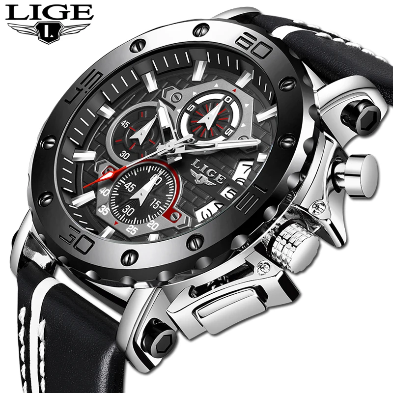 

2020 LIGE Fashion Mens Watches Top Luxury Brand Men Leather Sports Military Waterproof Date Dial Big Watch Relogio Masculino