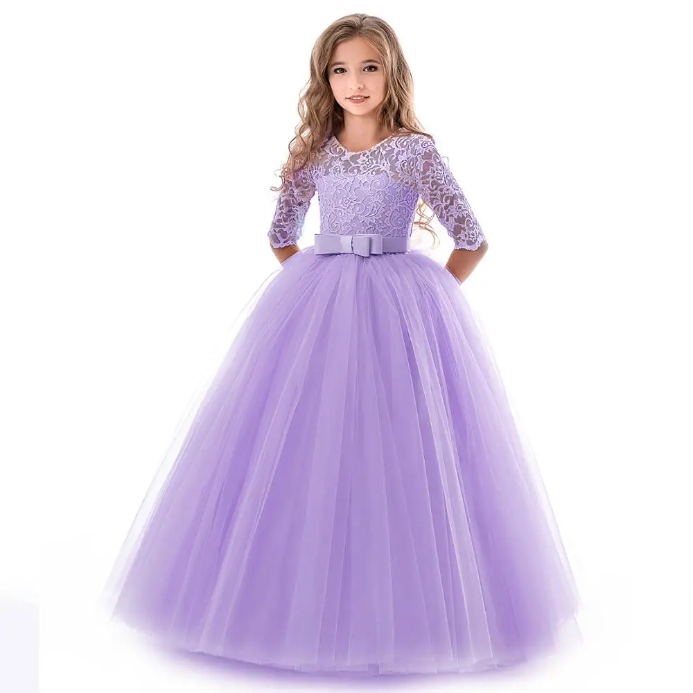 New Princess Lace Dress Kids Flower Embroidery Dress For Girls Vintage Children Dresses For Wedding Party Formal Ball Gown 14T