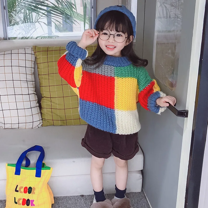 new children's clothing girls autumn and winter new Korean version of the color matching sweater baby foreign children's cu
