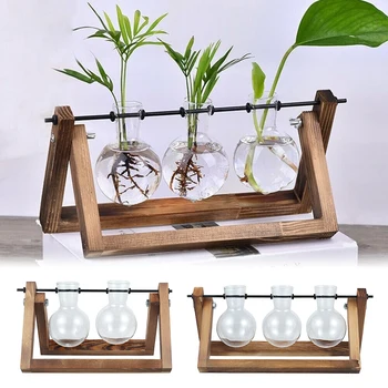 

Hydroponic Vase Vintage Desktop Plant Terrarium Planter Bulb Glass Vase Water Planting Home Decor With Retro Solid Wooden Stand
