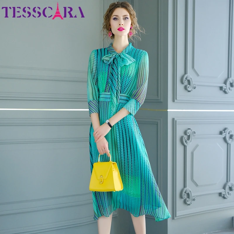 Женское шифоновое платье TESSCARA элегантное офисное коктейльное с бантом вечерние дизайнерские платья для