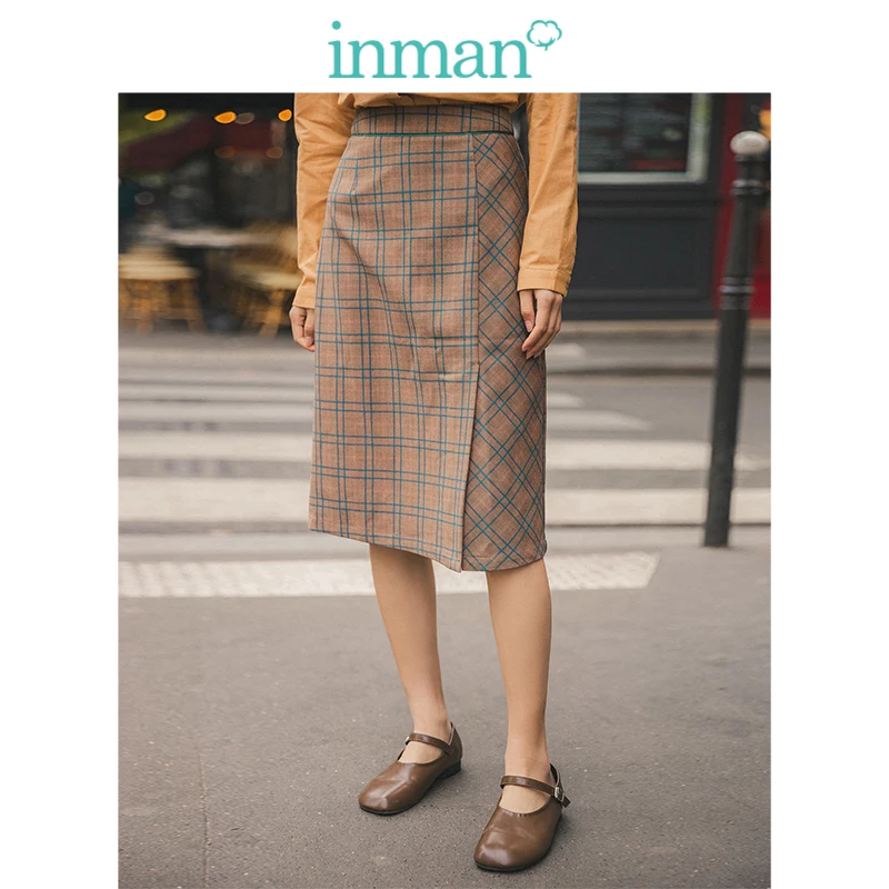 

INMAN 2019 Autumn New Arrival Viscose Blending High Waist Slim Elegant Plaid Women Long Skirt