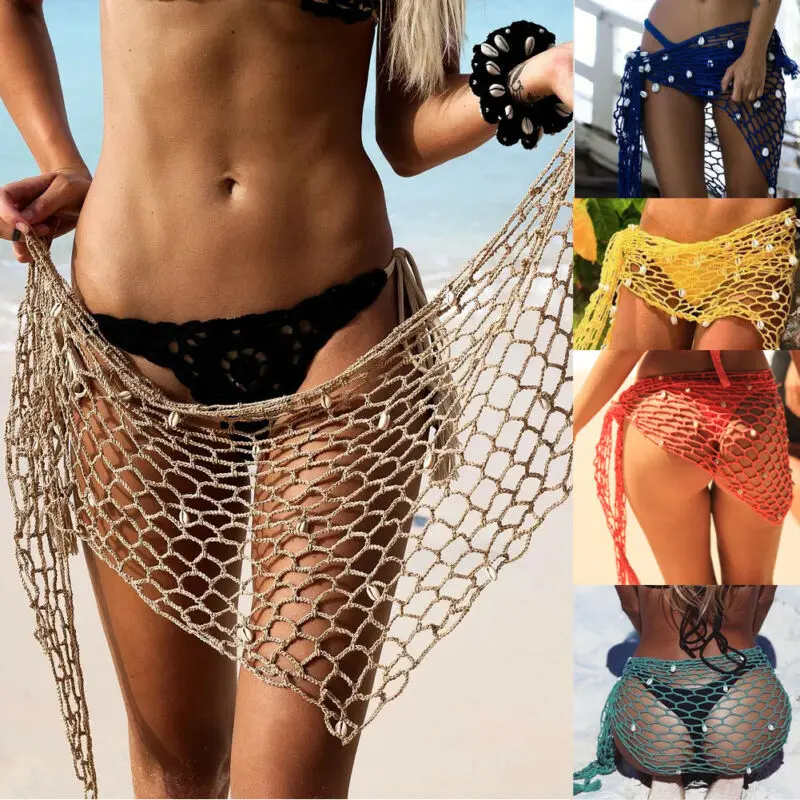 

New Sexy Women Sequin Fishnet Crochet Mesh Bikini Cover Up Swimwear Beach Dresss