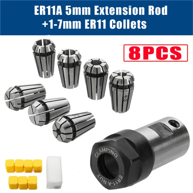 

7Pcs High Carbon Steel ER11 Spring Collet ER11A 1/2/3/4/5/6/7mm Set+5mm Extension Rod Motor Shaft Holder For CNC Lathe Engraving