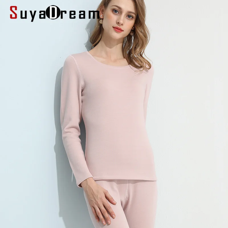 Thermal Underwear Sets Women Fleece Warm Long Johns 100%Natural Silk Brushed Solid Winter Thermal Pink Nude Underwear