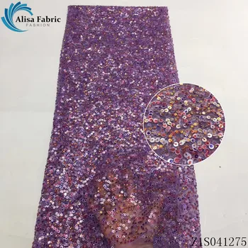 

Alisa purple african sequins lace fabric 2020 high quality embroidery nigerian tulle fabrics 5 yards french net laces for sewing
