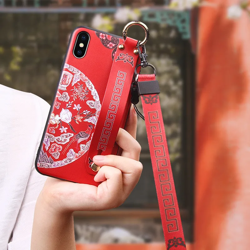 

Wrist Strap Hand Band Cases For iPhone 11 Pro XS Max X XR 8 7 6 6S Plus Retro Chinese Style Wrist Strap Holder Phone Cover Shell