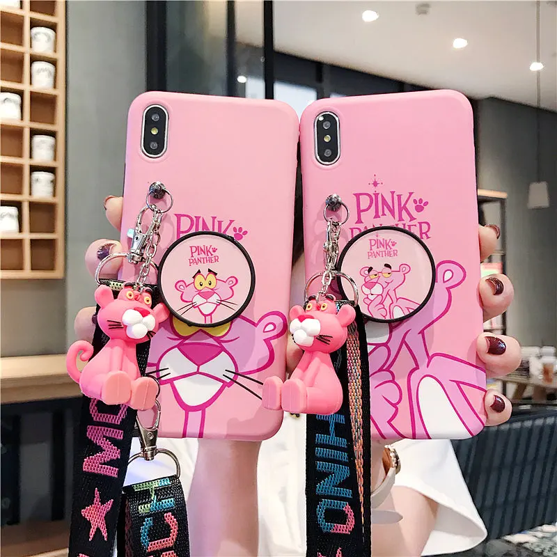 

4pcs For iPhone XR Cute Pink Panther Soft back phone Cover For iPhone X XS Max 8plus 7plus 6 6S 6P Stitch case +strap +stander