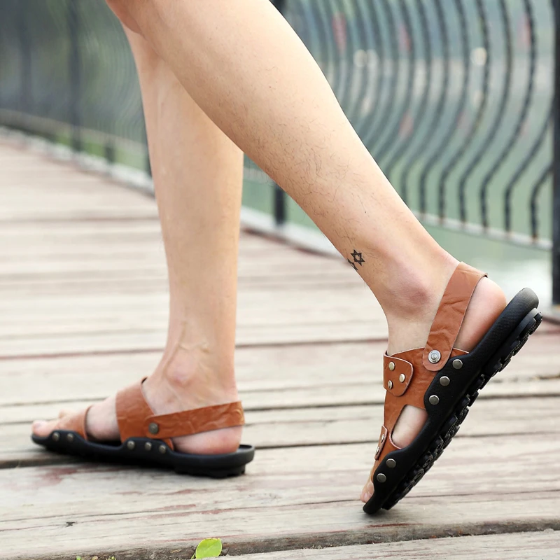 new men sandals high quality men roman sandals beach vietnam shoes leather sport sandals walking Button cave shoes