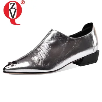 

ZVQ 2020 spring new fashion women flats pointed toe metal decoration zip genuine leather women shoes drop shipping size 33-41