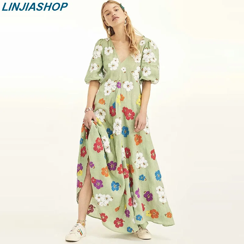 

Pure handmade embroidery big hem autumn women dress with puff sleeves deep v neck plus size cotton and linen outwear long dress