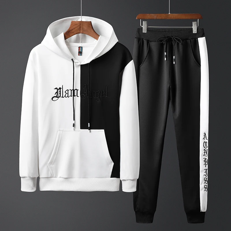 Cena Moda męska zestaw odzież bluzy z kapturem + spodnie zestawy bluza poliester na co dzień Patchwork dres mężczyźni gorąca sprzedaż marka 2 sztuk