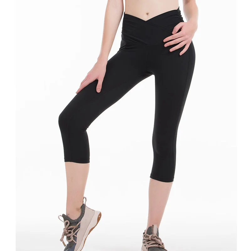 

2020 New arrival Women cross Waist Leggings skinny leggings Stretch capris 4-way elasticity capris